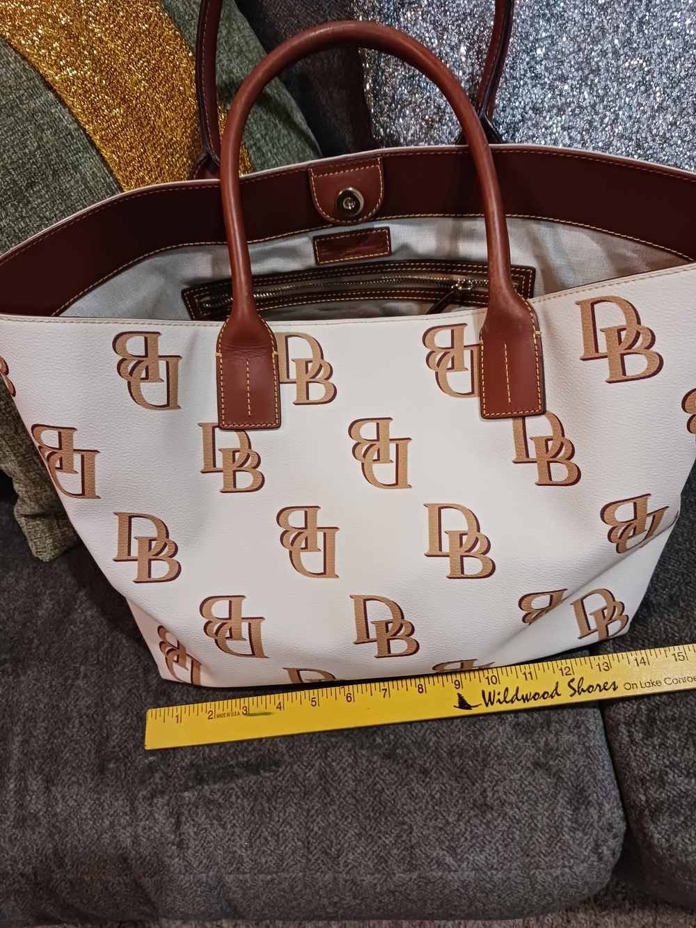 Designer-Inspired White & Brown Tote Bag with DB Monogram